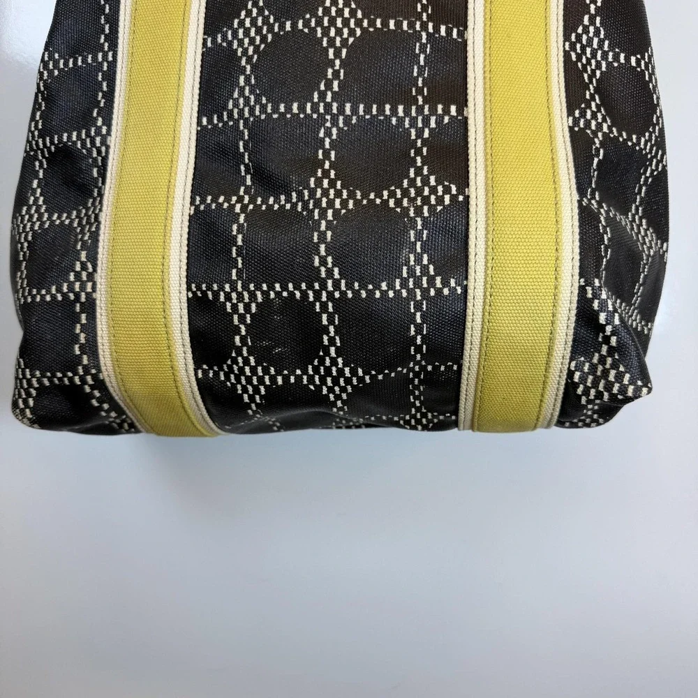 Kate Spade Tote Bag Medium Black Canvas Leather Yellow Straps Geometric